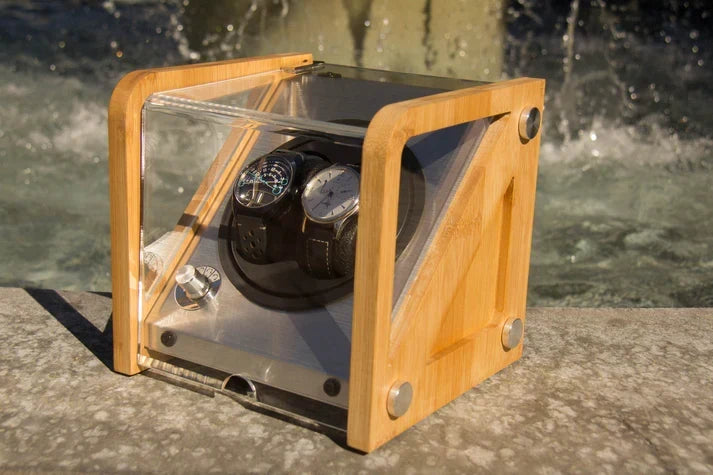 Handcrafted bamboo double watch winder for two automatic watches