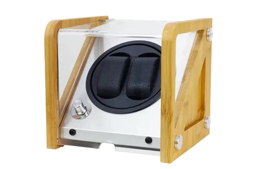 Bamboo 2-watch automatic winder shown with two watches displayed