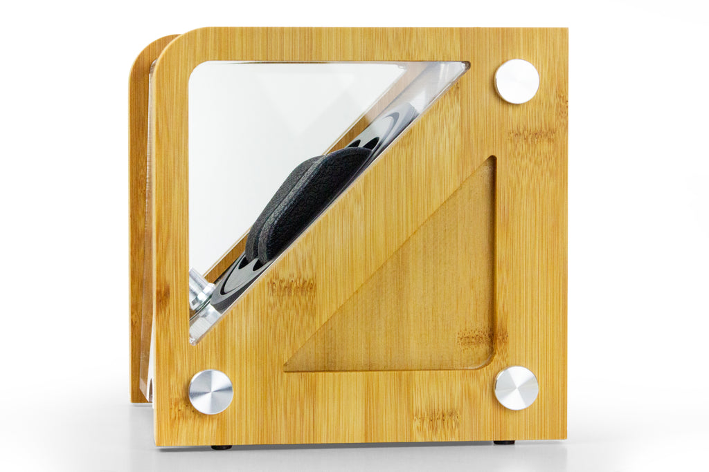 Front view of bamboo double watch winder with aluminum display plate