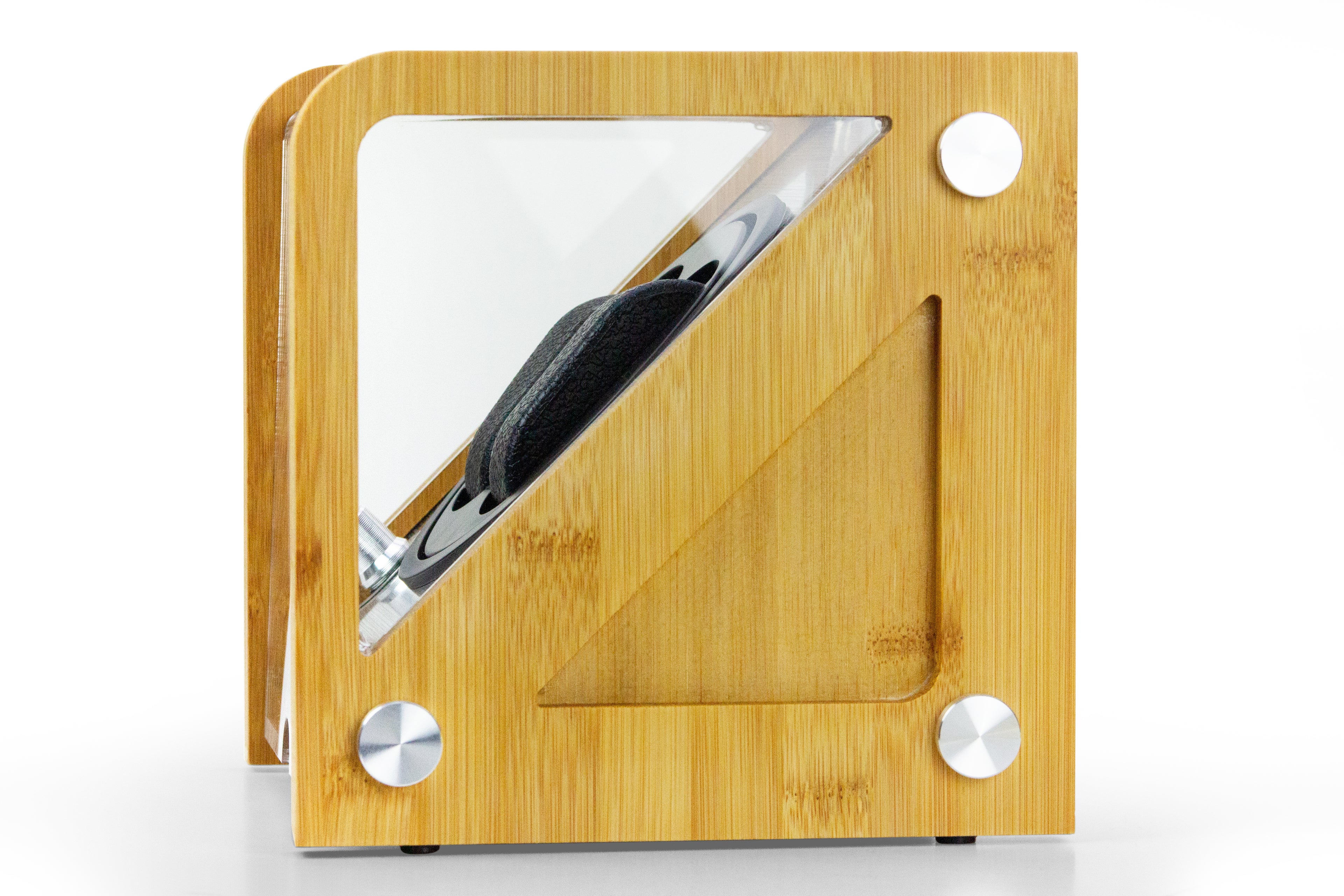 Front view of bamboo double watch winder with aluminum display plate