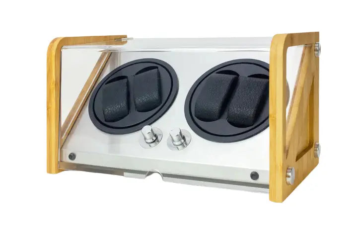 Front view of bamboo quad watch winder with aluminum display plate