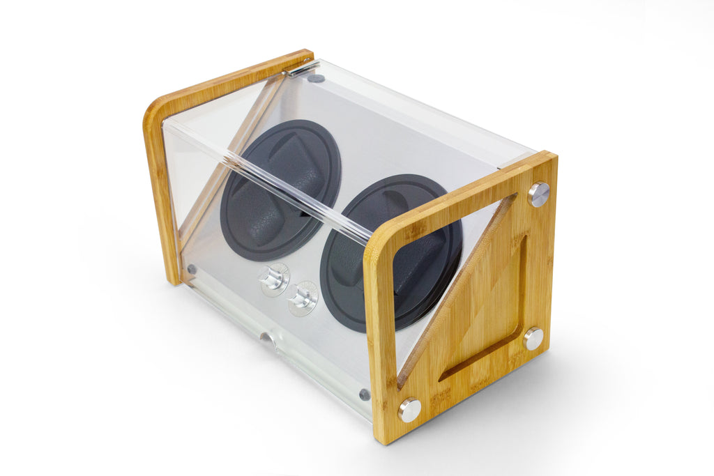 Bamboo quad automatic watch winder displayed in a modern interior