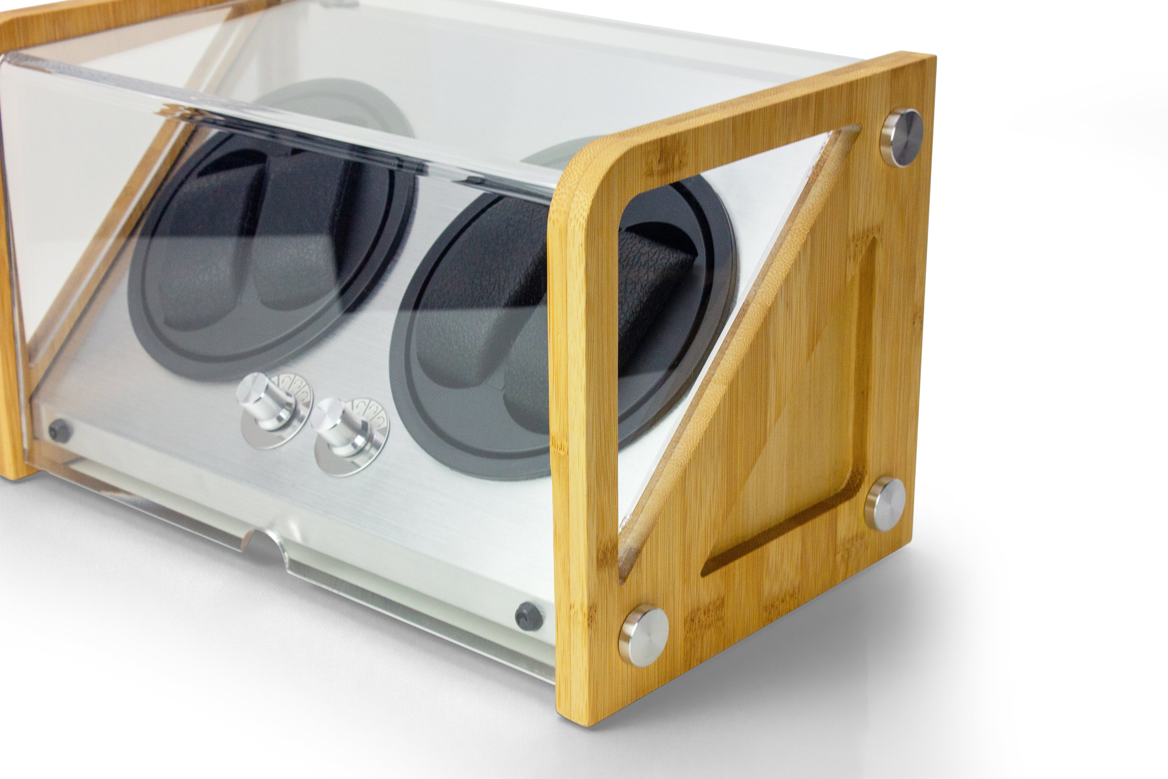 Close-up of bamboo quad winder's dual quiet Japanese motors