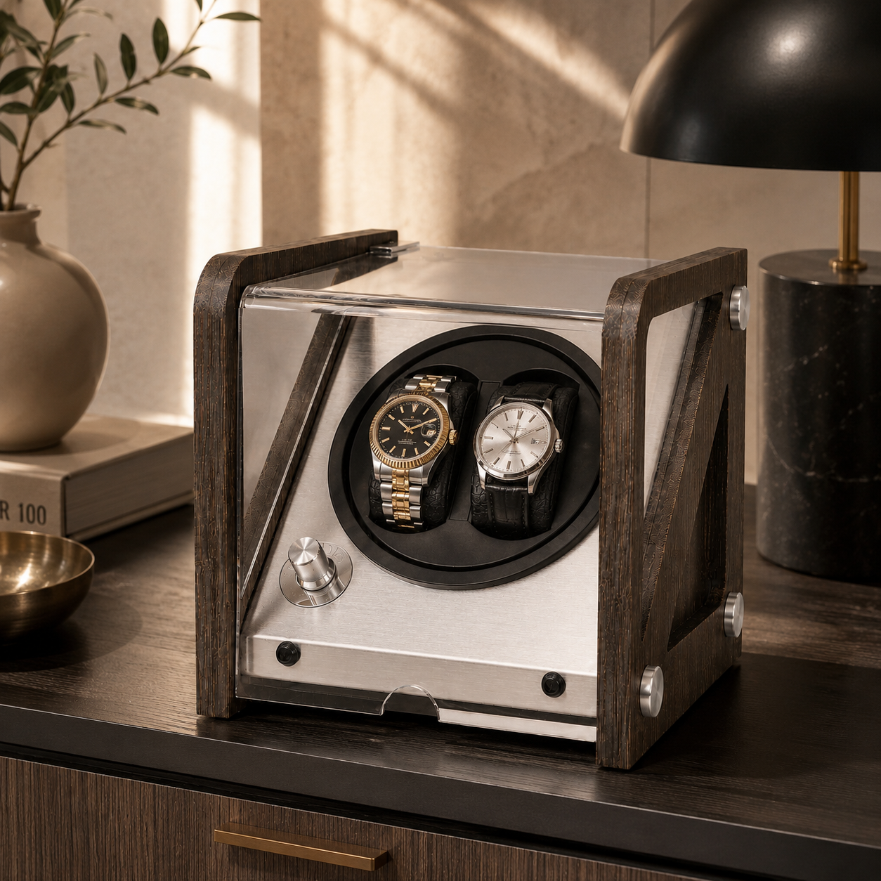 Charcoal double watch winder displayed in a modern interior
