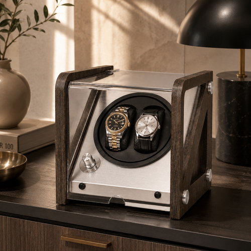 Charcoal double watch winder displayed in a modern interior