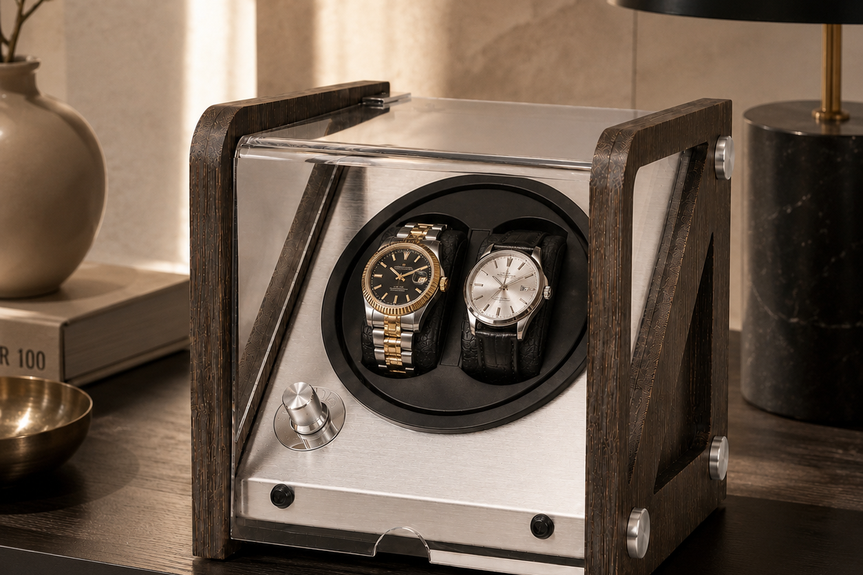 Charcoal double watch winder displayed in a modern interior