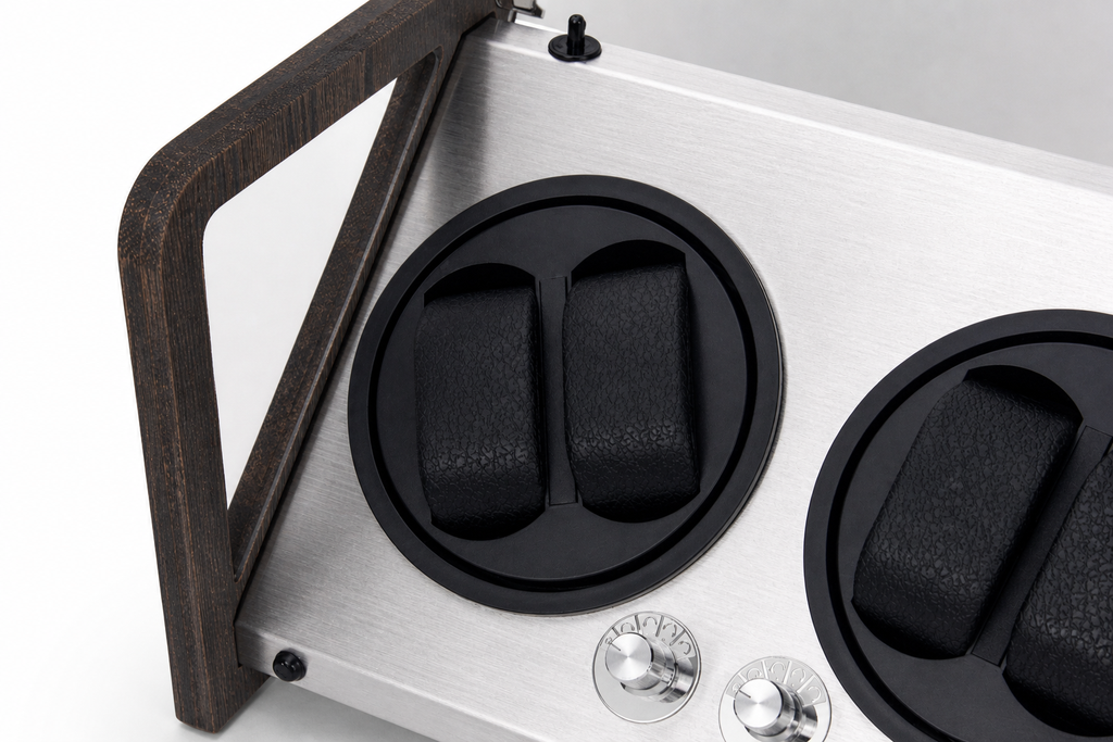 Charcoal quad watch winder showing programmable rotation modes